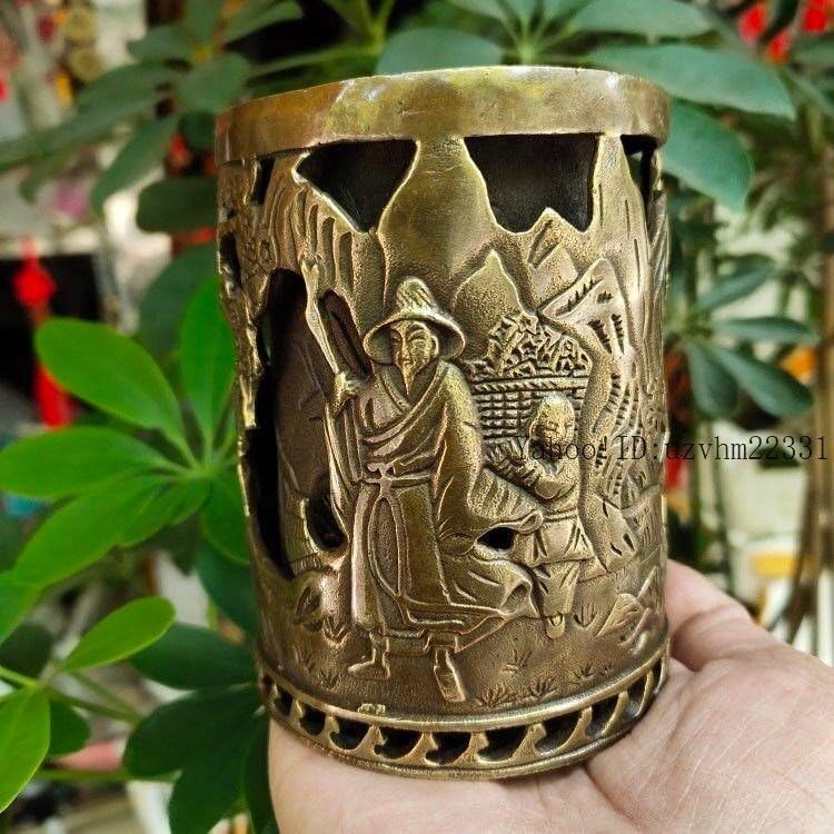 銅器 二重透かし彫りの筆箱 書道具 文房具 工芸品 美術品 置物銅器