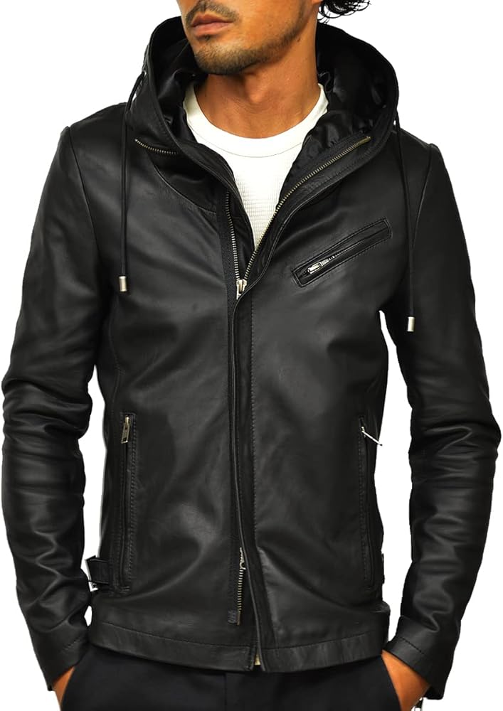 Amazon | [ハルフ] レザージャケット 革ジャン メンズ 本革 フード付き