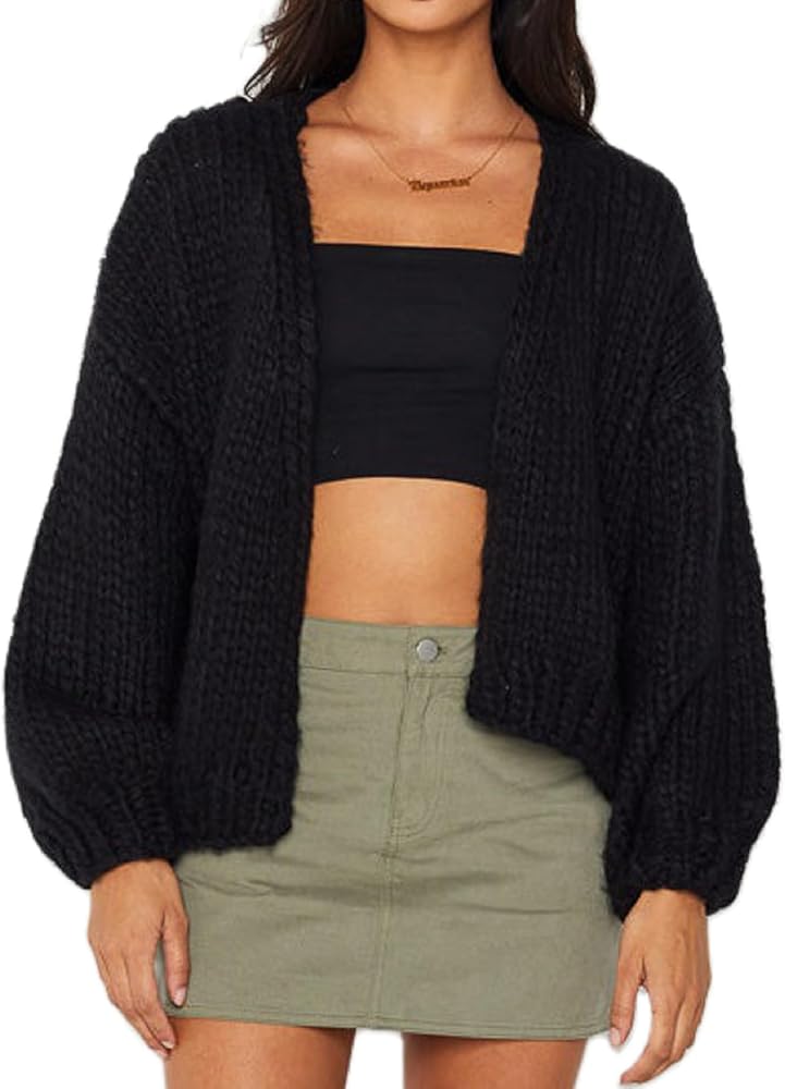 KMBANGI Women Crochet Chunky Sweater Open Front Long Sleeve Cable