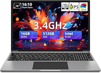 Amazon.com: Laptop 16”, 16GB DDR5 512GB SSD, Quad Core N100 CPU(Up