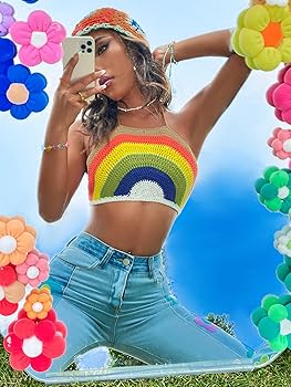 SweatyRocks Women's Backless Rainbow Striped Halter Tie Back Tops