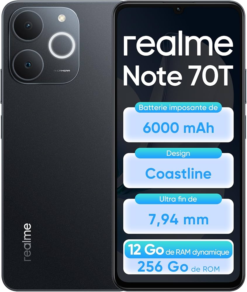 realme Note 70T Smartphone 4+256 Go, écran HD 90 Hz de 6,75 Pouces