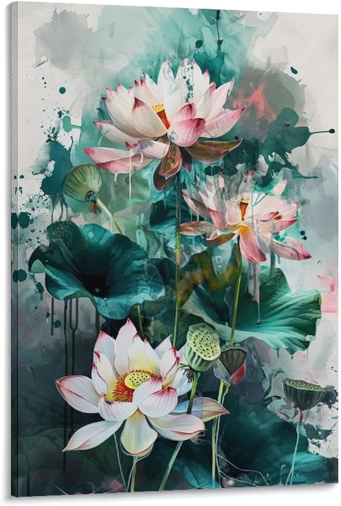 Amazon.co.jp: 絵画 ほっそりと咲く蓮の水墨画インテリア 絵画 中国風