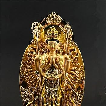 Amazon｜[AiO JAPAN] 置物 黄金 千手観音菩薩 杖 両手 風水 置物 仏像