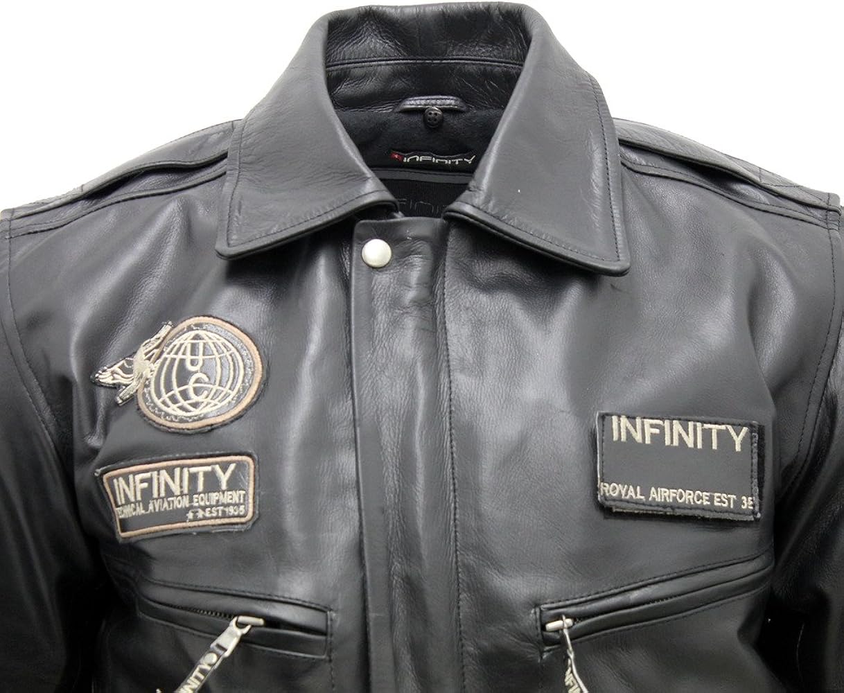 Infinity Men's Black Cow Hide Leather Flight Bomber Jacket with