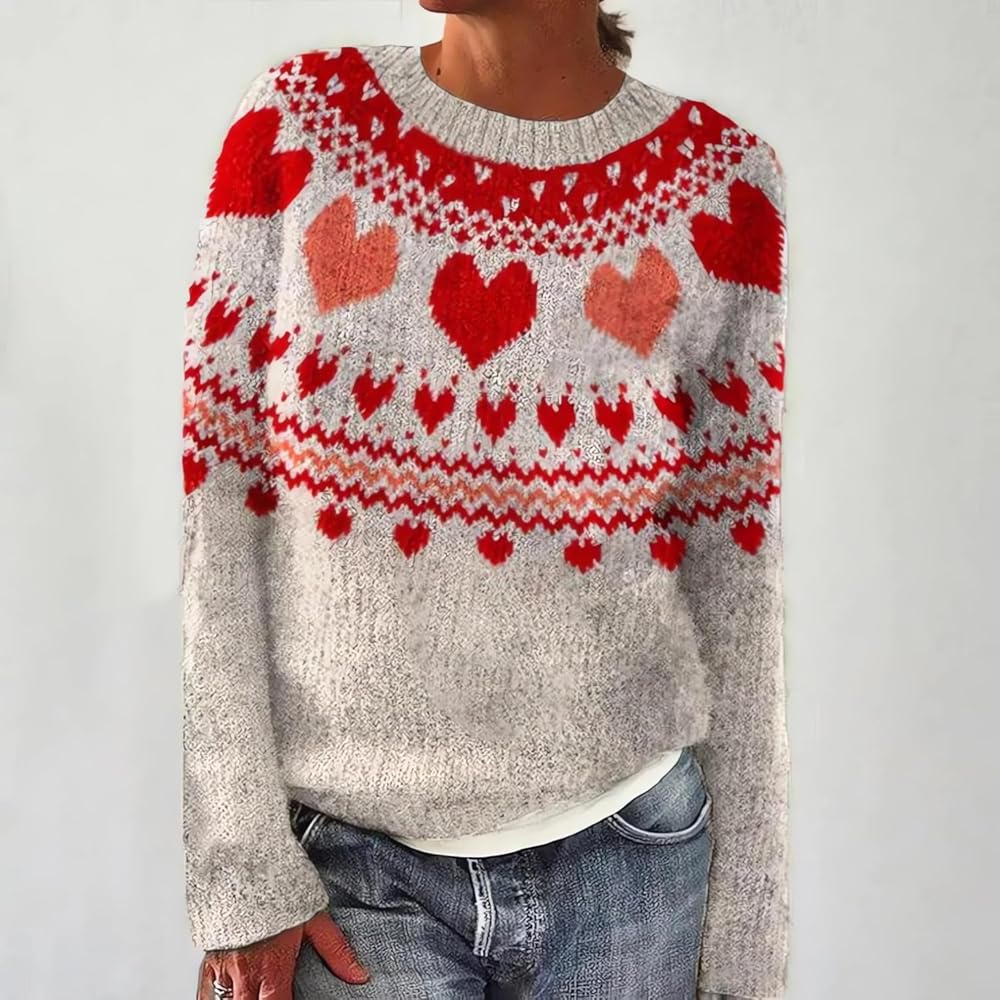 Spatofa Womens Cute Heart Sweaters Valentine's Day Knit Fair Isle
