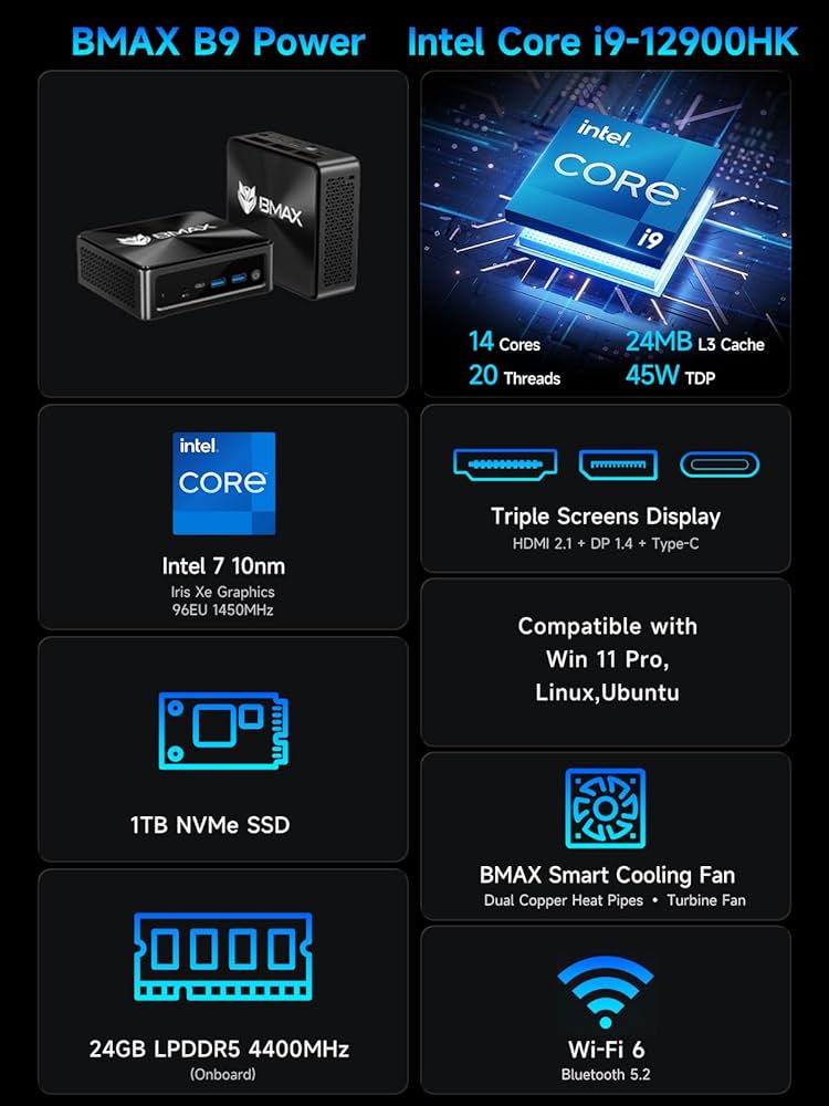 Amazon.com: Bmax Mini PC B9 Power, Intel Core i9-12900HK 24GB