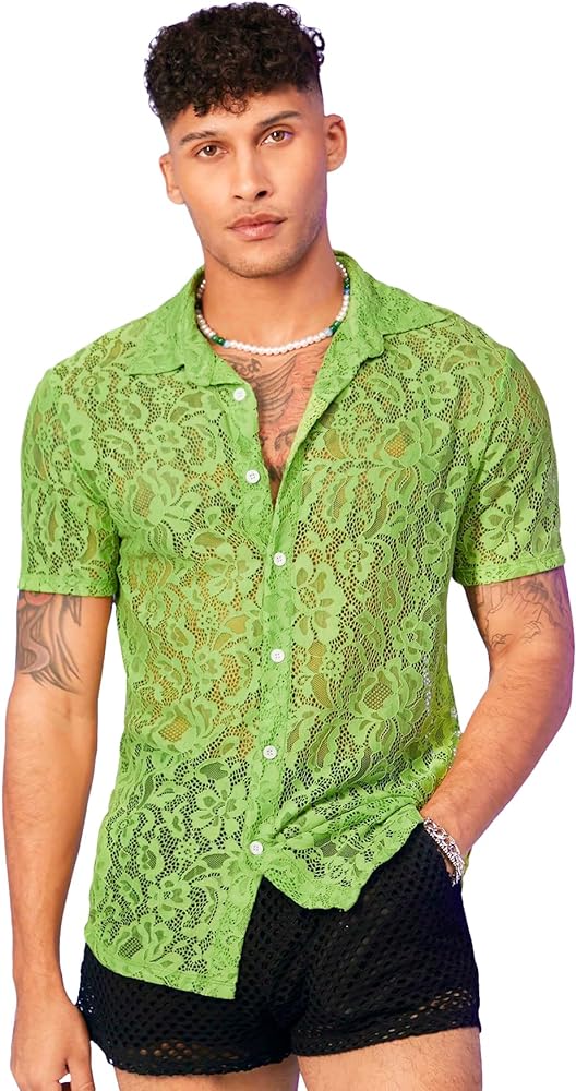 Amazon.com: WDIRARA Men's Floral Sheer Mesh See Through Button Up