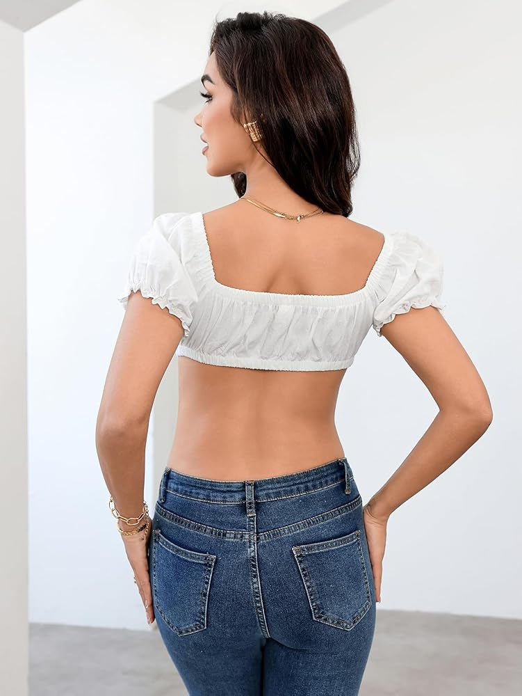 SweatyRocks Women's Sexy Tie Front Crop Top Deep V Neck Puff Short