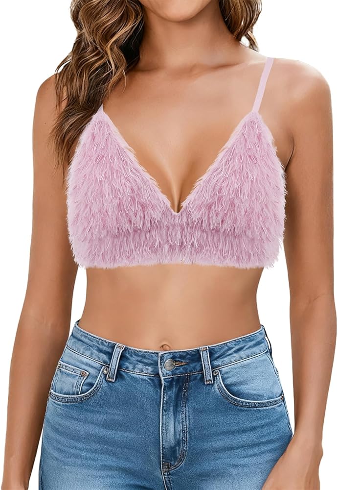 Vimoisa Women's Faux Fur Crop Top V Neck Triangle Tank Tops