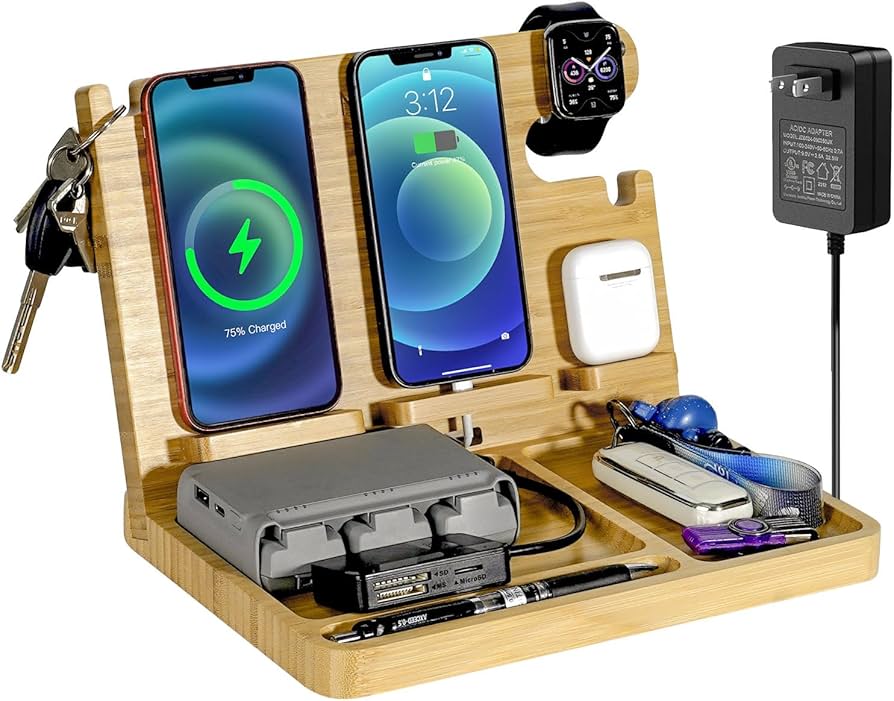 Amazon | ワイヤレス充電器 3in1、2台の携帯電話に適した竹木製iphone