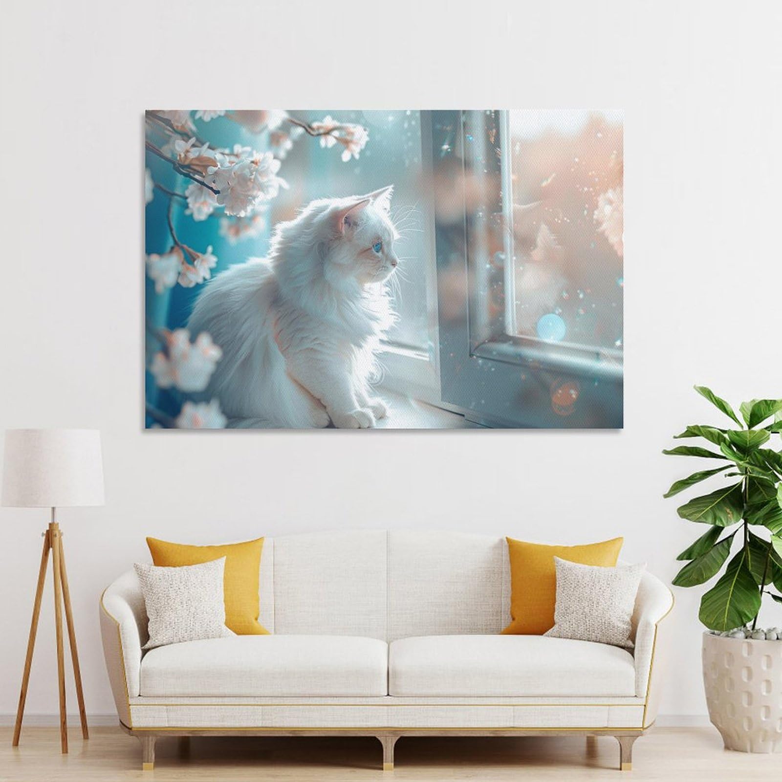 Amazon.co.jp: 絵画 長い毛皮のような髪と青い目をした白猫が窓の外を