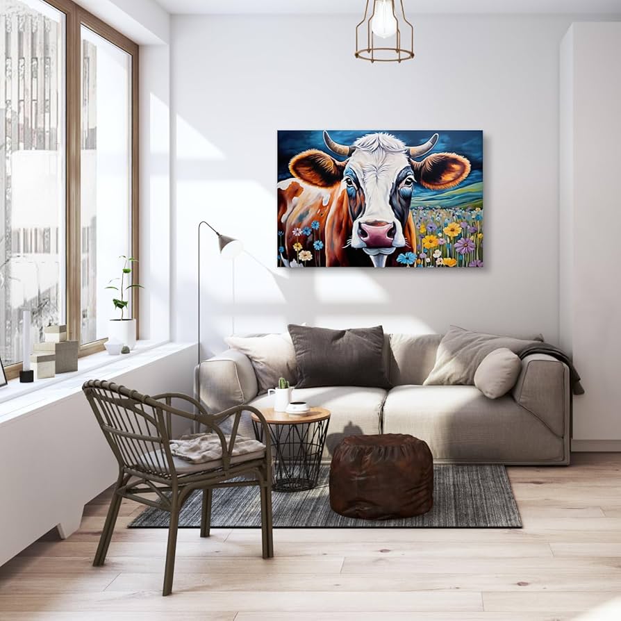 Amazon.co.jp: LYUNSHUO 牛キャンバスウォールアート 鮮やかな牧草地の