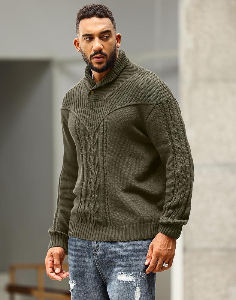SAVKOOV Men's Shawl Collar Pullover Sweater Casual Button Cable