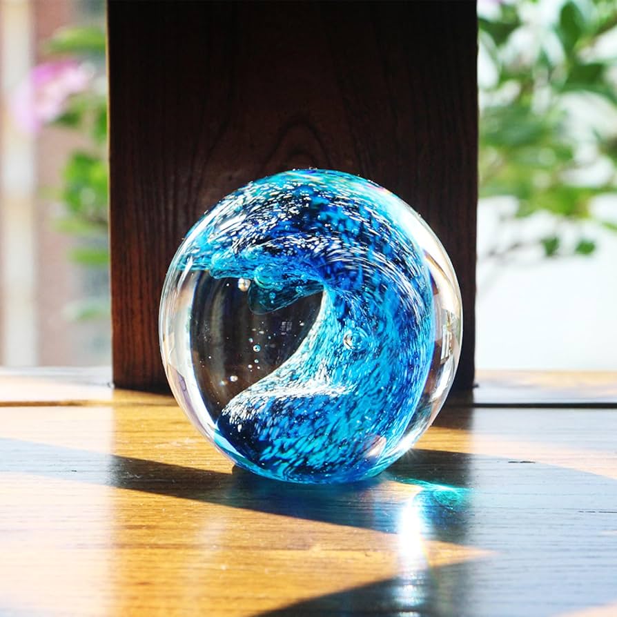 Amazon.co.jp: ガラス置物ブルーウェーブラウンドボール手作り吹き