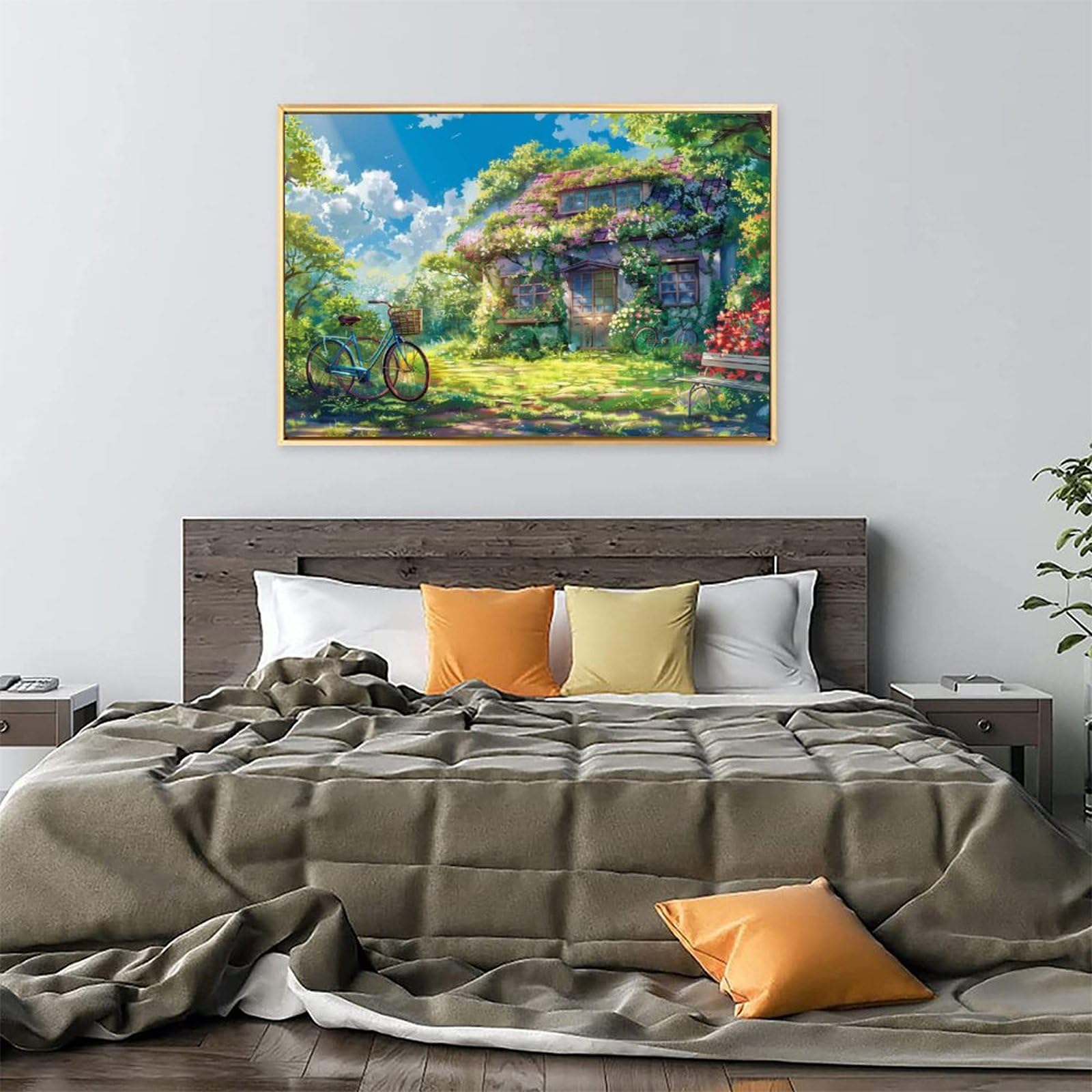 油絵 菅家令子絵 絵画インテリア額付(青緑＋金色の枠)F3-030919猫犬