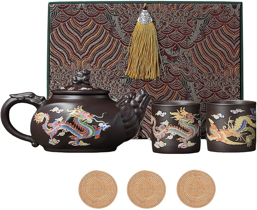 Amazon | 色が変わる急須ティーカップセット、手作りの龍と鳳凰の紫色