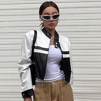 Women's Black White Biker Genuine Sheepskin Oversized Cropped