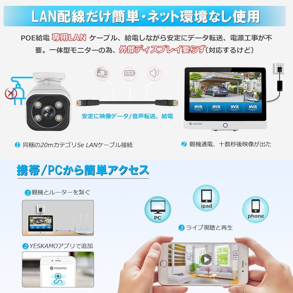 Amazon.co.jp: 【最新800万画素】 YESKAMO 防犯カメラ 屋外 POE給電 4K