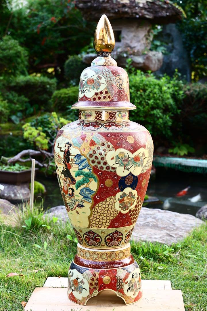 薩摩焼 特大78cm 花瓶 金彩色絵 飾壺 大壷 金襴手 美人画 中国古玩