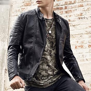 Motorcycle Faux Leather Jacket for Men Vintage Asymmetric Zip