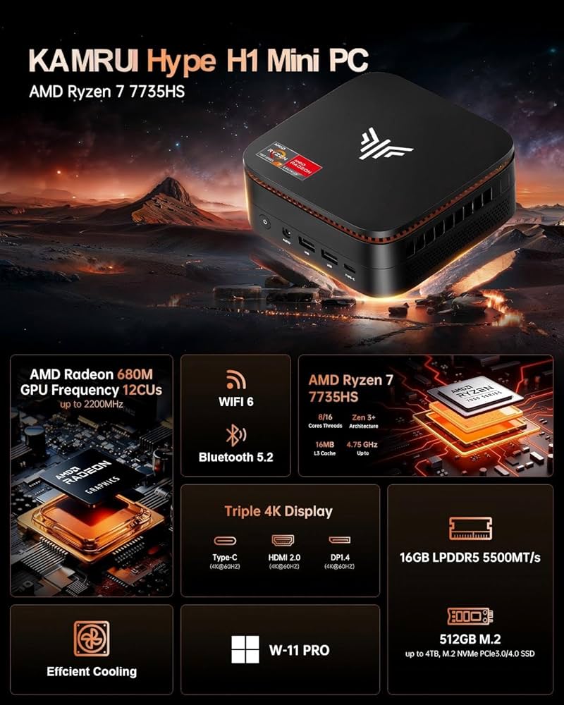 KAMRUI Hyper H1 Mini PC, AMD Ryzen 7 7735HS (up to 4.75GHz) Mini