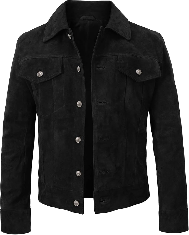 Trucker Jacket - Mens Black Genuine Suede Leather Bomber Jacket, X
