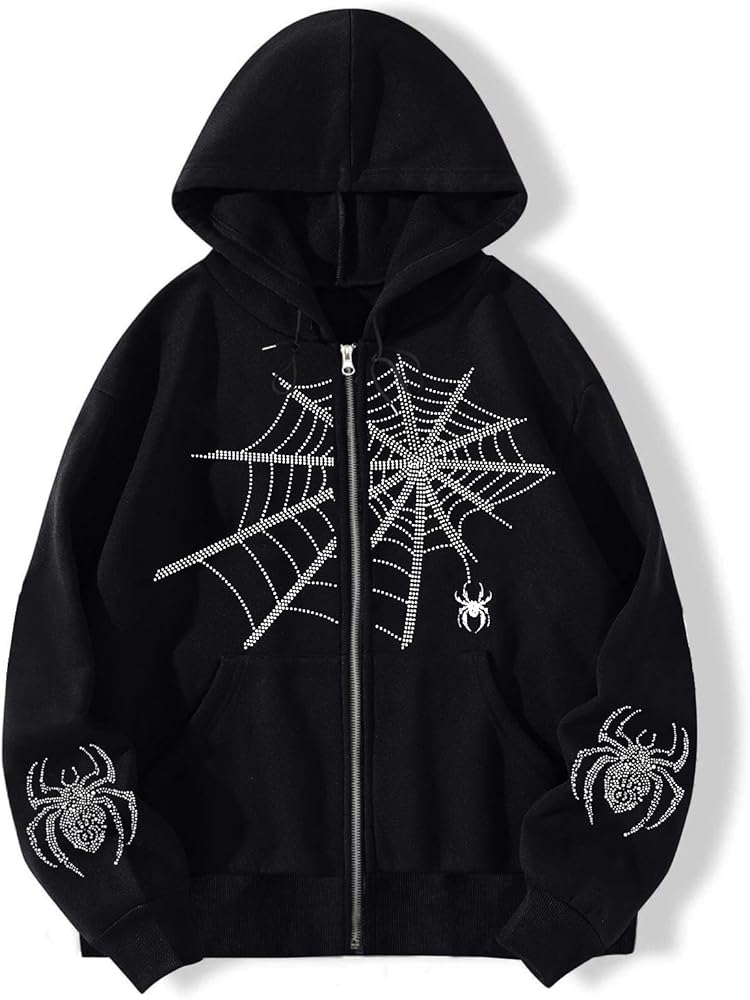 Y2K Gothic Spider Web Graphic Hoodied Pullover Cyber Punk Zip Up