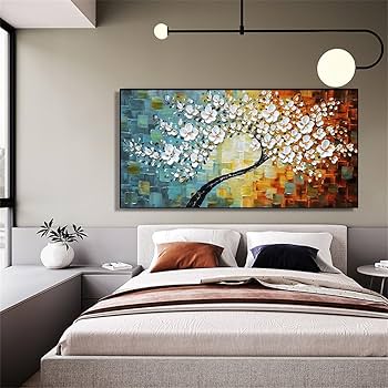 Amazon｜手描きの花の木横長油絵テクスチャーキャンバス手作り絵画壁