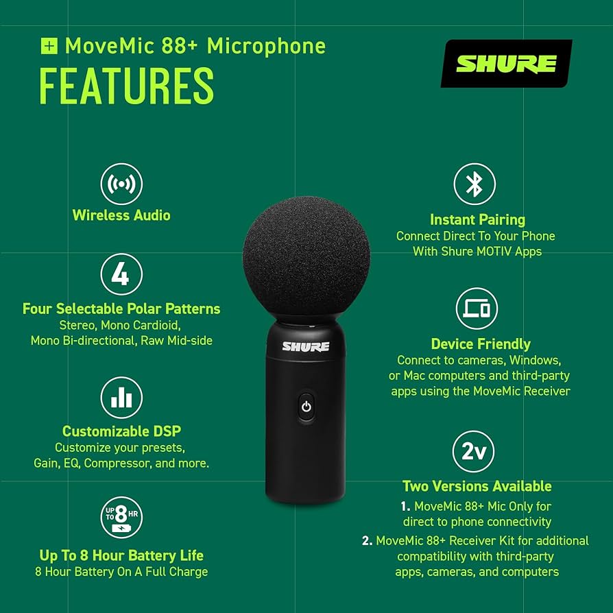Amazon.com: Shure MoveMic 88+ Wireless Microphone Video Kit - Pro