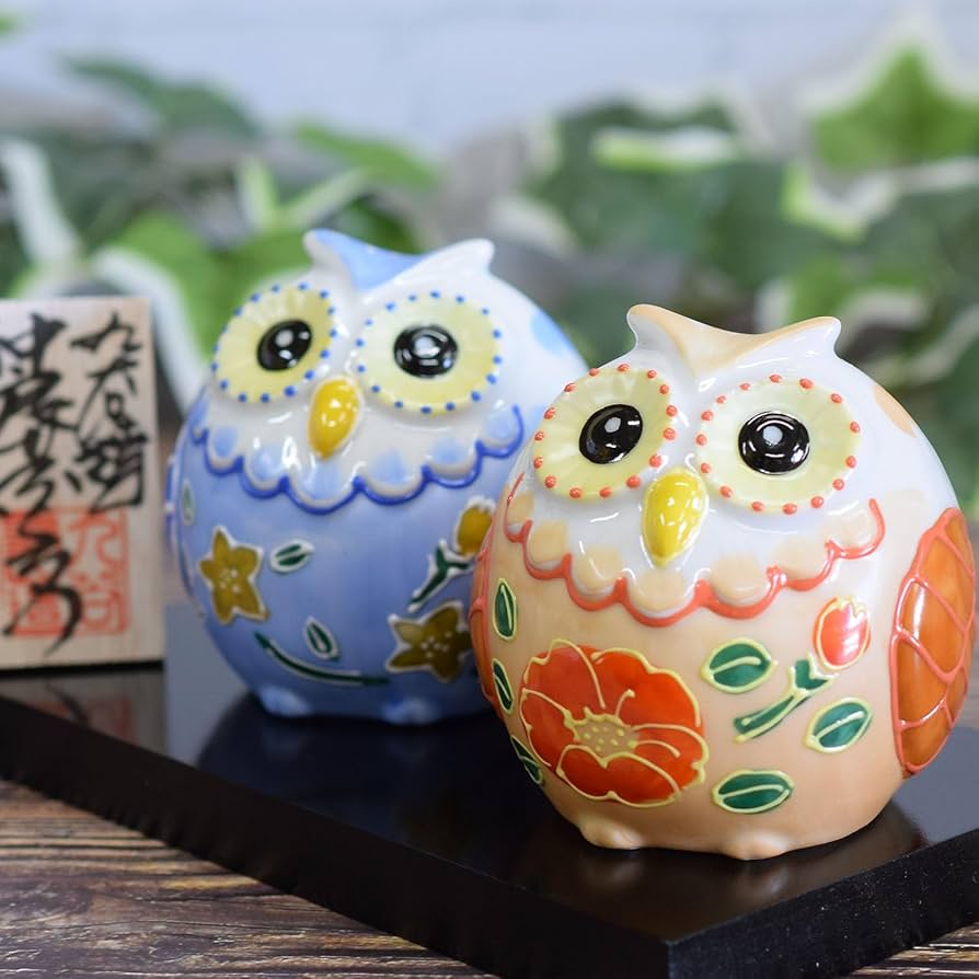 Amazon.co.jp: 和座の蔵 おしゃれ フクロウ 置物 九谷焼 夫婦ふくろう