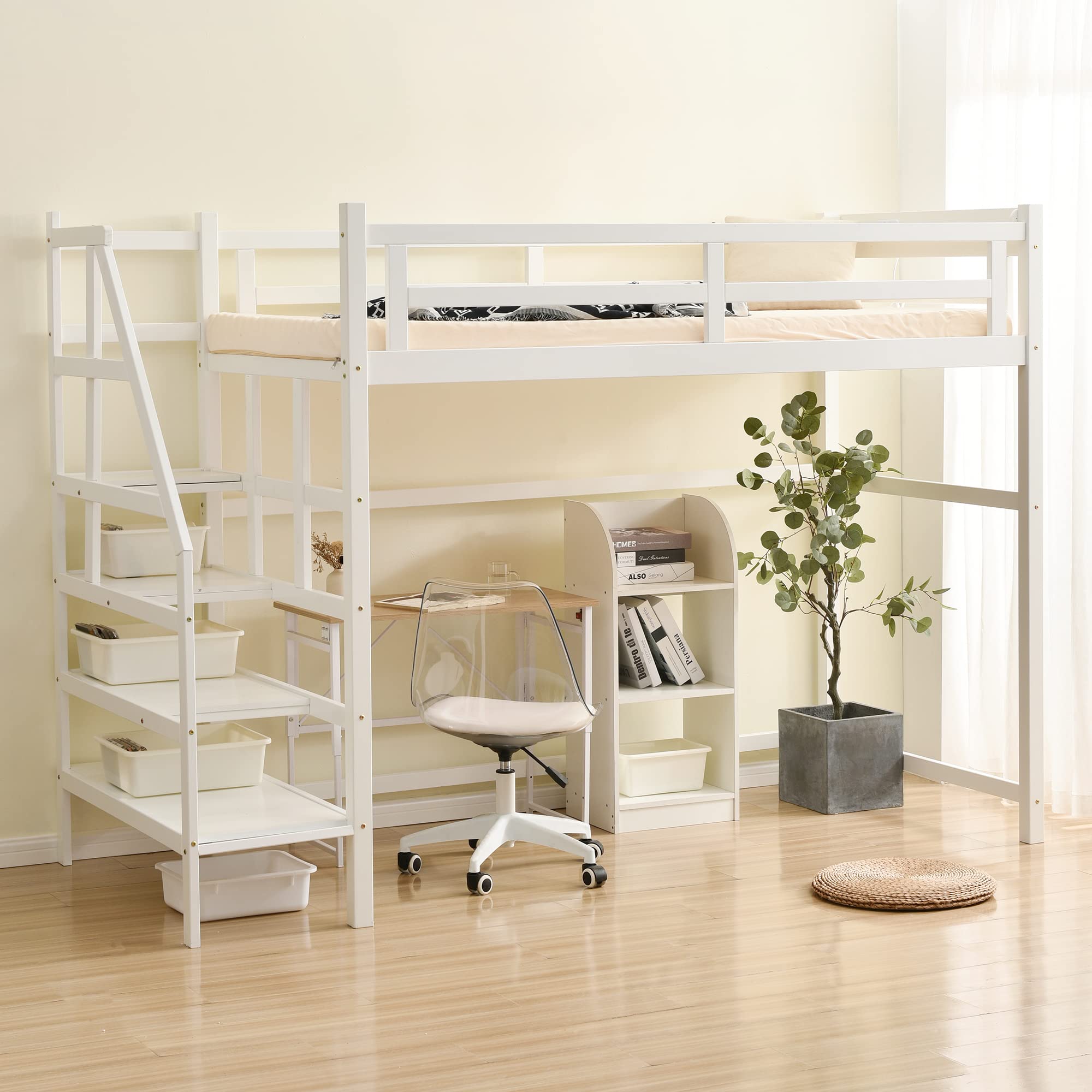 Amazon｜Chic ZONE 木製ロフトベッド 階段付き ハイタイプ 宮付