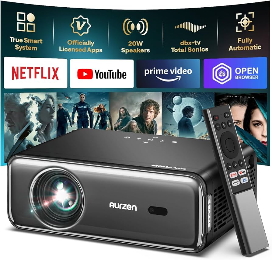 Aurzen Smart Projector 4K Supported, Netflix Official with WiFi