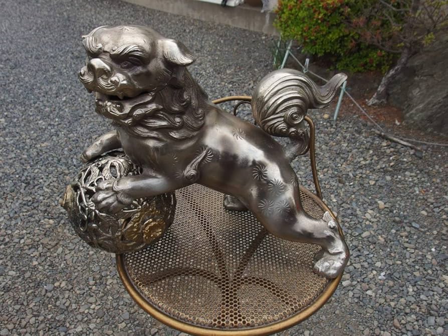 Amazon.co.jp: 【1Ma11O】玉獅子唐獅子置物像狛犬古玩古鉄｜鉄製｜銀色
