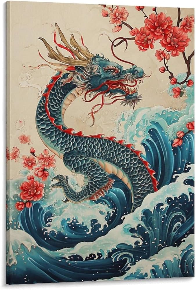 Amazon.co.jp: 絵画 波を起こす龍 アートパネル ポスター ファンタジー