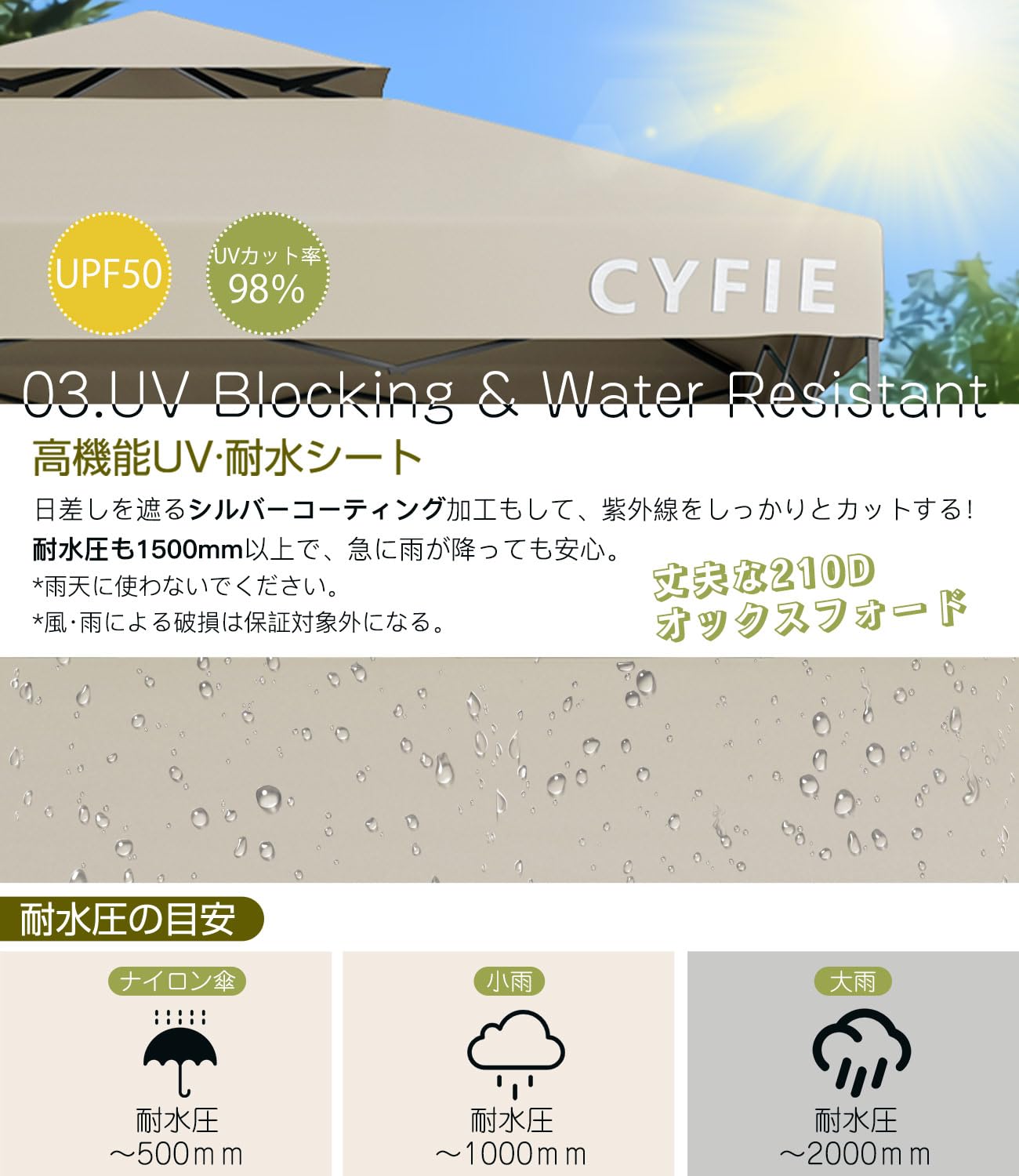 Amazon | CYFIE タープテント 3x3m サイドシート1枚付属 風抜けベンチ