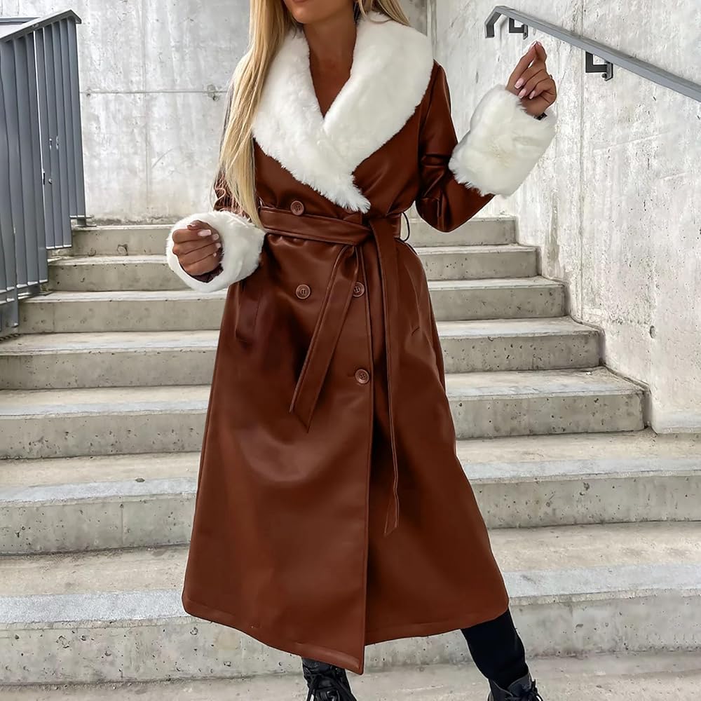 XUNRYAN Women's Trench Coat Maxi Long Faux-Leather Jackets Elegant