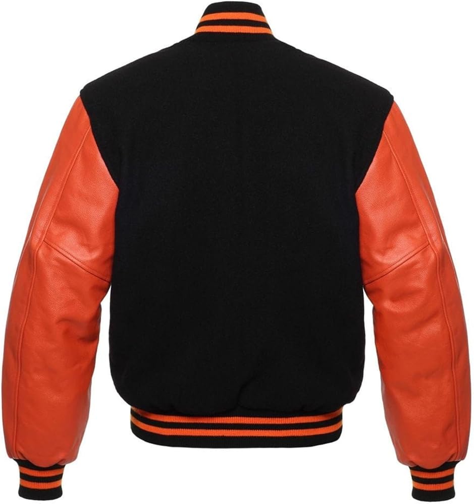Men's Varsity Jacket Black Wool Real Orange Leather Sleeves