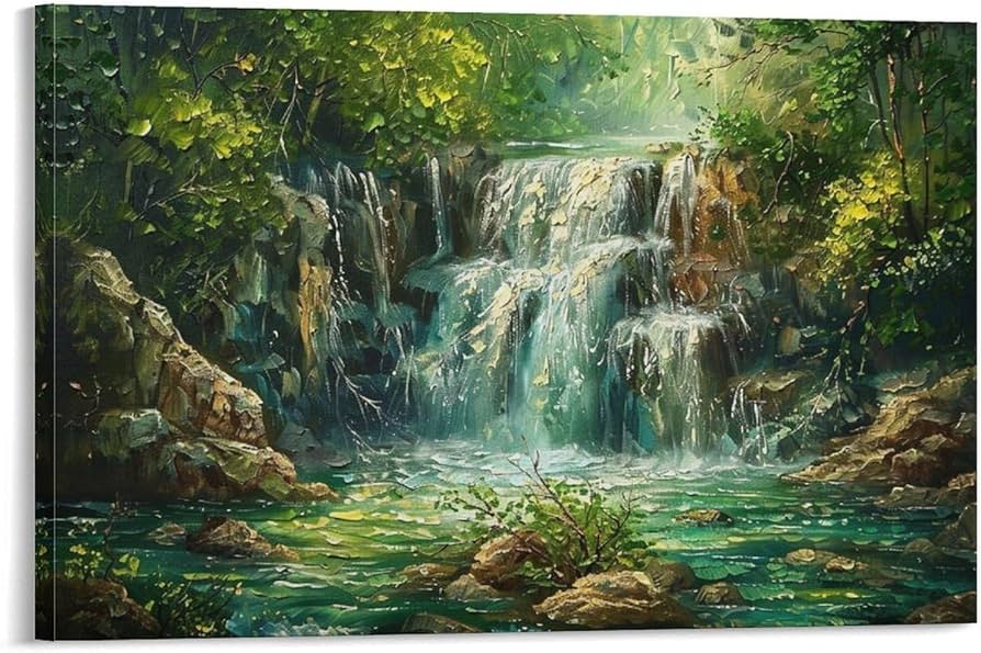 Amazon.co.jp: 絵画 深い山と古い森の滝インテリア 絵画 油絵イラスト