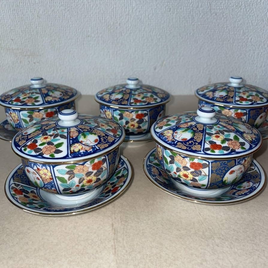 Amazon.co.jp: 彩窯青華古伊万里急須茶托付き蓋付き湯呑み5客セット金