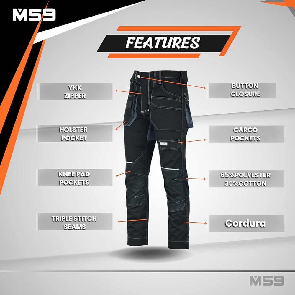 MS9 Men's Cargo Slim Fit Stretch Spandex Elasticated Work Pants
