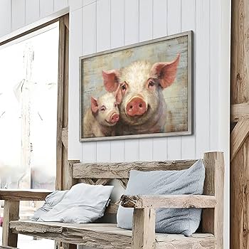 Amazon.co.jp: 農場の豚 木製フレーム装飾:素朴な農家 動物の絵