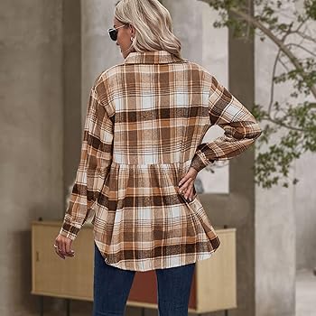 Womens Plaid Peplum Shirts Long Sleeve Button Down Jacket Casual