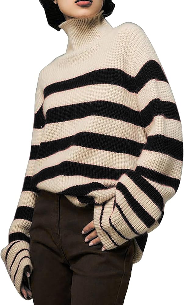 Sweaters for Women Turtleneck Striped Rib Knit Casual Loose Color