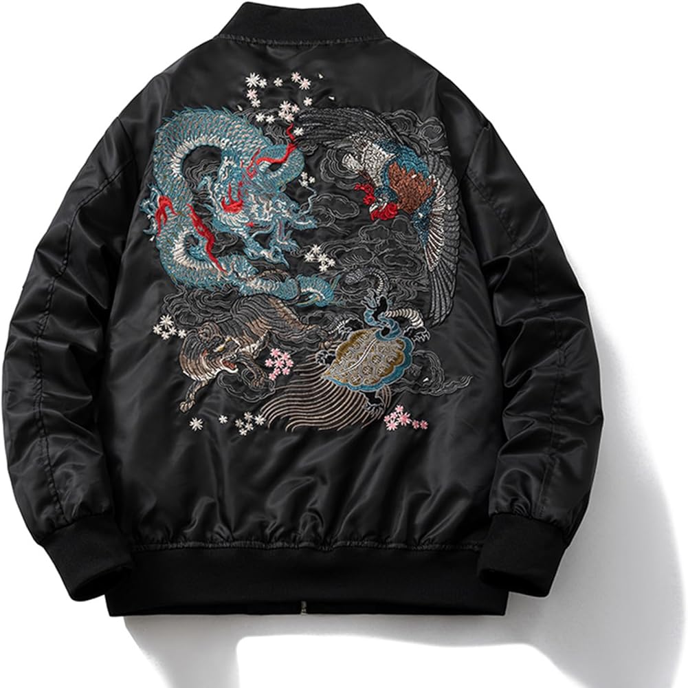 Amazon | [Rosesky] スカジャン メンズ 龍 虎 鷹 ジャケット 黒 横須賀