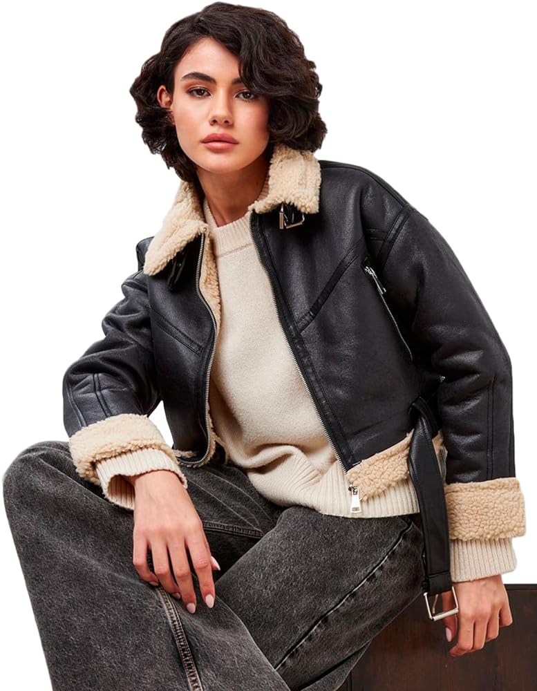 LY VAREY LIN Winter Women Faux Lamb Fur Leather Short Jacket Lapel
