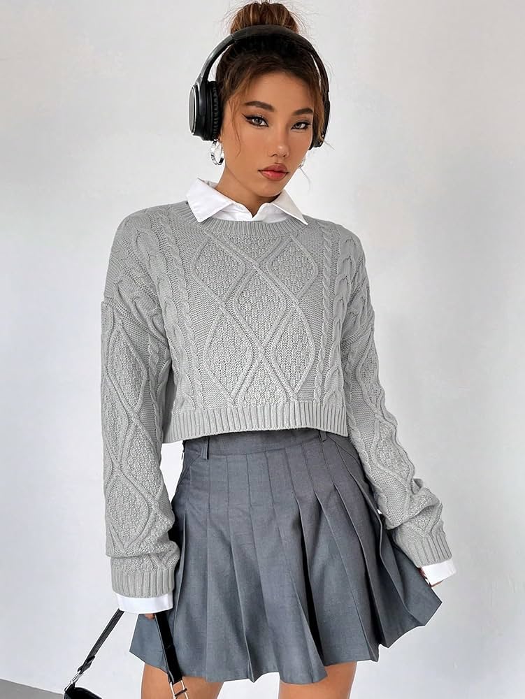 Amazon.com: Cable Knit Drop Shoulder Crop Sweater | Grey | Casual