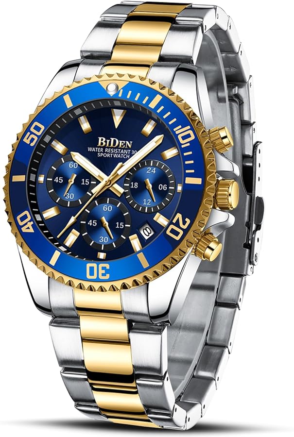 Amazon | BIDEN メンズ腕時計 クロノグラフ ゴールド ブルー