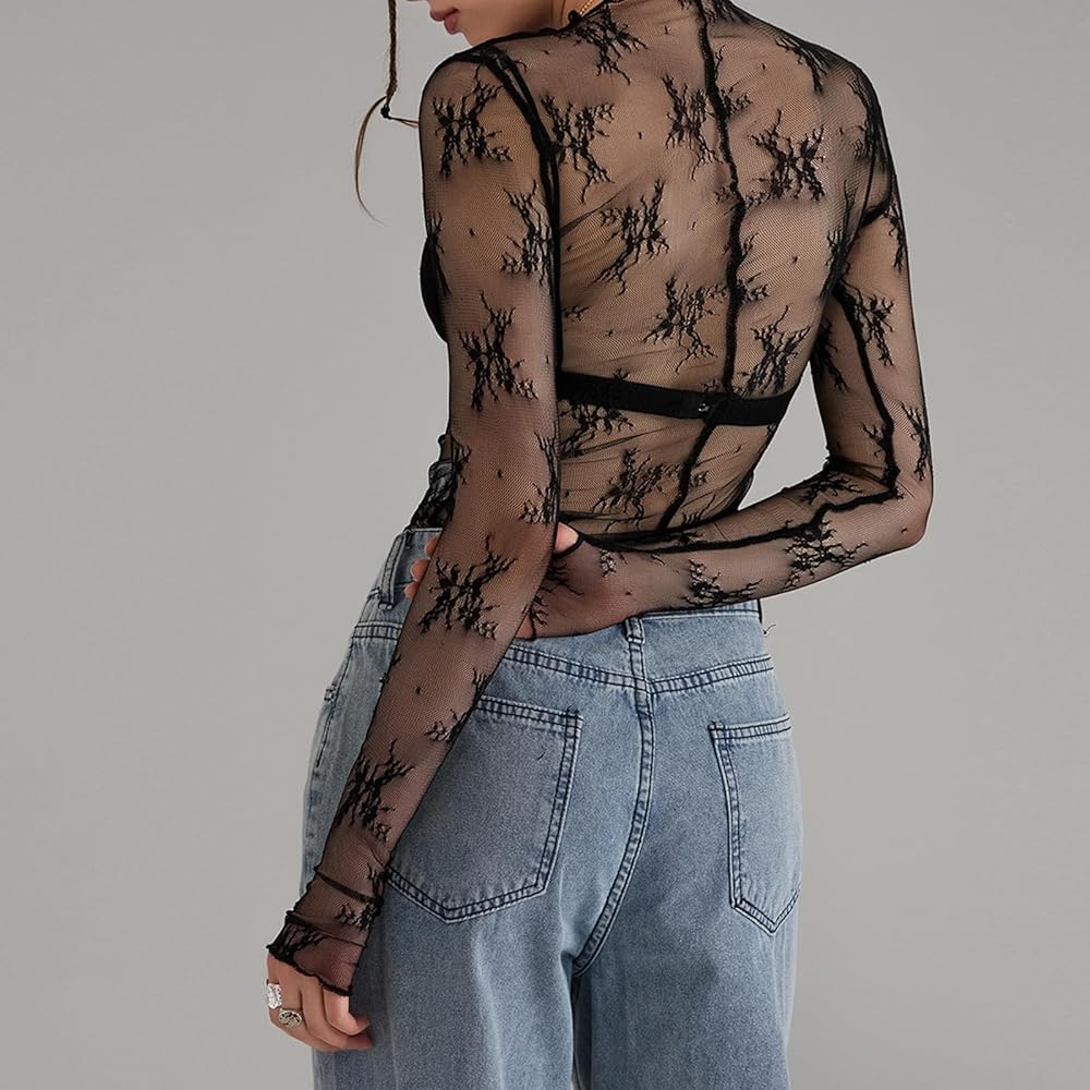 Womens Long Sleeve Sheer Mesh Top Floral Patterned Mock Neck See