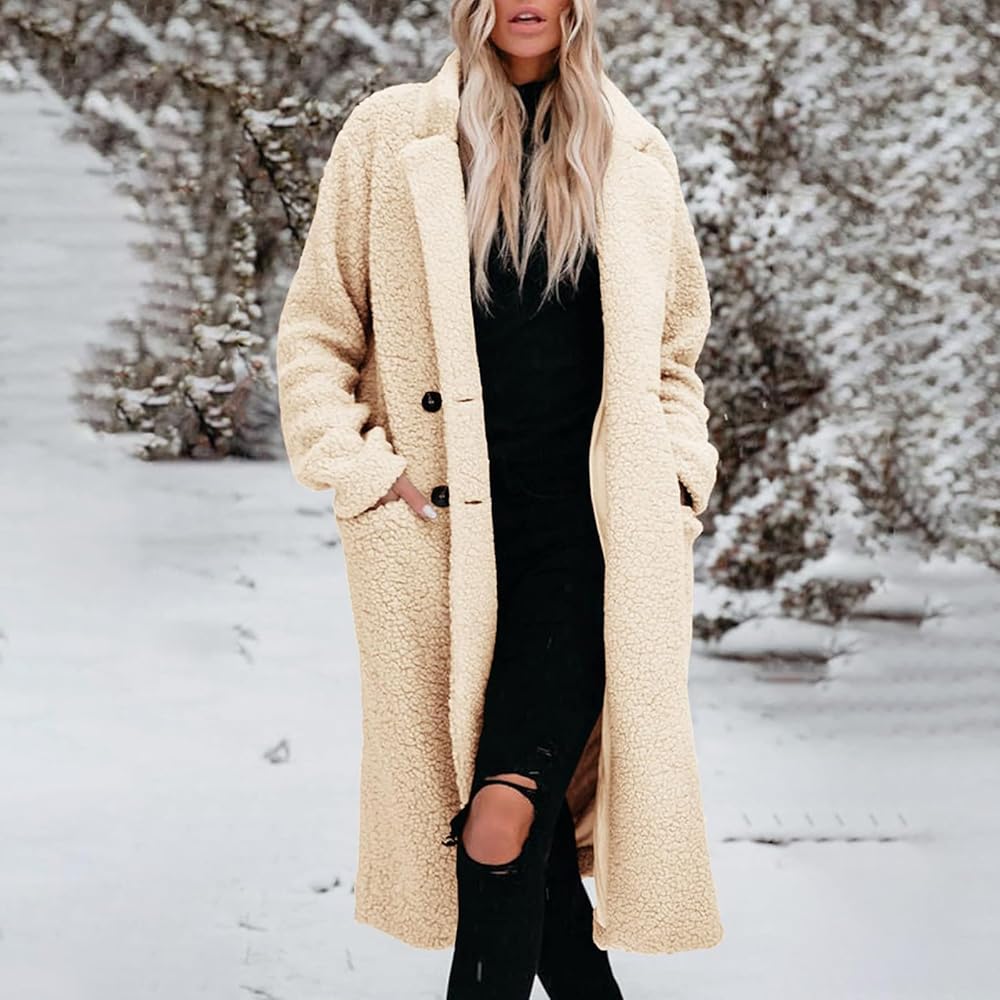 DMOYALA Women's Long Coat Casual Lapel Fleece Jackets Winter